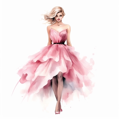 Watercolor girl wearing pink elegant party dress drawing, illustration clipart, high detailed, white background, digital art