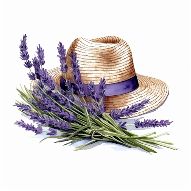 hyperrealism and photorealism Lavender plants in a watercolor Straw Hat Clipart, White Background, Heigh Detail, 16k