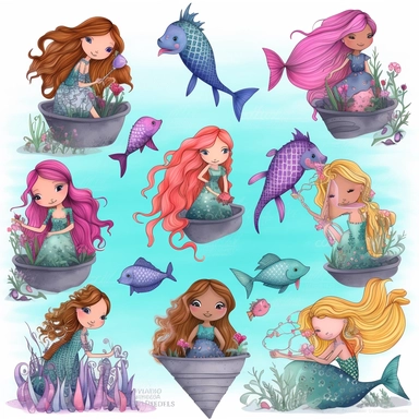 enchanting Cartoon Magical Mermaid Clipart! Dive into a world of whimsy and wonder with these detailed and adorable mermaid illustrations. Each mermaid is meticulously designed with charming features, vibrant colors, and intricate details that will captivate both children and adults alike. With a white background, these clipart images are versatile these cute and lovable mermaids are sure to make a splash! Let your imagination swim free with our delightful mermaid clipart
