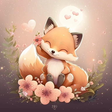 little baby fox, with hearts flying, smiling, flowers, with lights, cute, clipart, kawaii, disney, detailed, ultra high definition