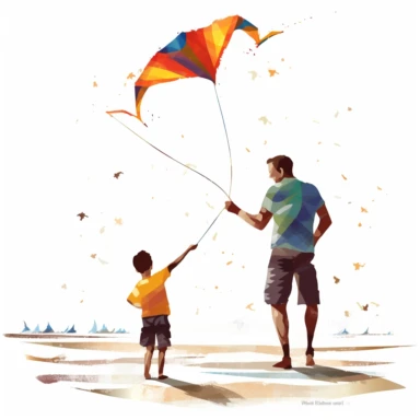 fathers day, clipart, father and son, fly kite in beach, white background