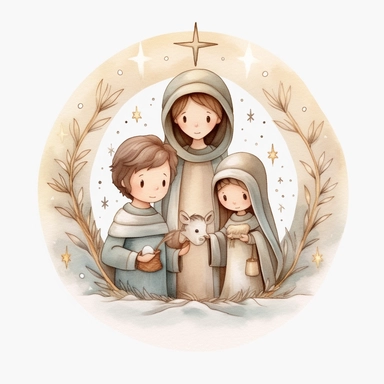 A watercolor painting of a cute nativity with Mary and Joseph, Christmas, cute detailed digital art, inspired by nicoletta ceccoli, by Kubisi art, whimsical and cute, by nicoletta ceccoli, cute detailed artwork, glimmering, adorable and whimsical, whimsical art, Clipart style, png style, svg style, blank white background, a solid white background