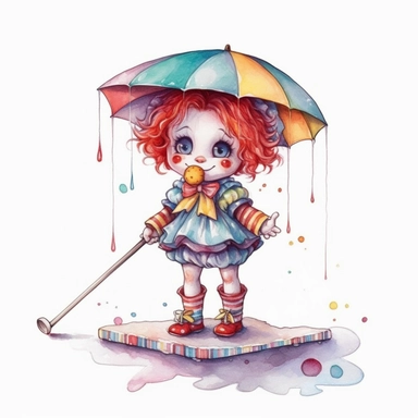Chibi super cute clown walking a tight rope with an umbrella for balance clip art, no watermark, no signature, no text, white background, watercolour, hyperrealism, no text, high detail, individual elements