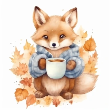adorable watercolor fox holding a pumpkin spice latte, whimsical and dreamy cute, the image surrounded by elements of autumn, clipart on white background, cottagecore