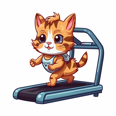 clipart of a cute kitten wearing gym cloths running on a treadmill