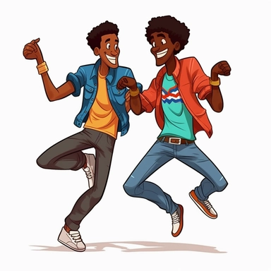 black gay cartoon actors doing improv exercises together clip art transparent background full body vibrant colors