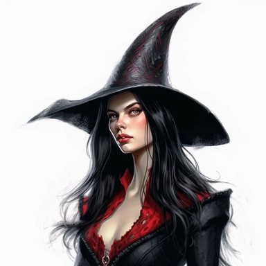 beautiful victorian witch with black hair and freckles wearing a pointed witch hat, looking left, victorian hairstyle, victorian witch hat, Victorian era clothing, beatiful smile, realistic inverted portrait white background, high quality, hyper-realistic, witch Clipart,black and red dress