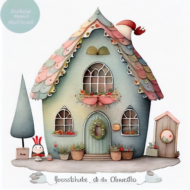 A watercolor painting of cute christmas workshop house, christmas elf workshop, christmas toy workshop, cute detailed digital art, inspired by nicoletta ceccoli, by Kubisi art, whimsical and cute, by nicoletta ceccoli, cute detailed artwork, glimmering, adorable and whimsical, whimsical art, Clipart style, png style, svg style, blank white background, a solid white background