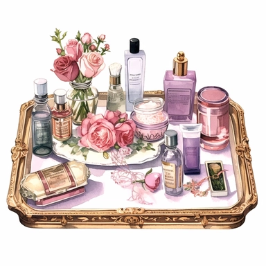 watercolor, hyper realistic, white background, white margins, 16k, ultra detailed clipart, cut out image, hand-drawn An antique-inspired vanity tray with vintage perfume bottles arranged on it, accompanied by a mirror, a brush, and other beauty accessories. Use soft and muted colors such as dusty rose, antique gold, lavender, and sage green for a vintage-inspired palette