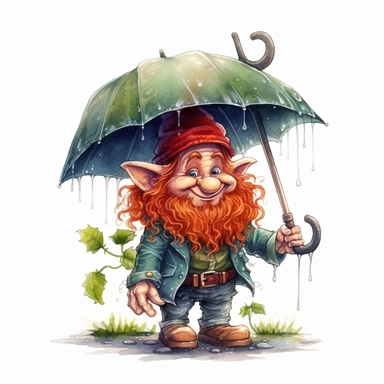 Cute Adorable magical little Goblin with a cylinder hat and a red beard holds laterally a umbrella in his hand wears a raincape and stand in the rain on a country road, clipart, photorealistic illustration, watercolor, high detail, 8k polished, 8k, vibrant colors, white background
