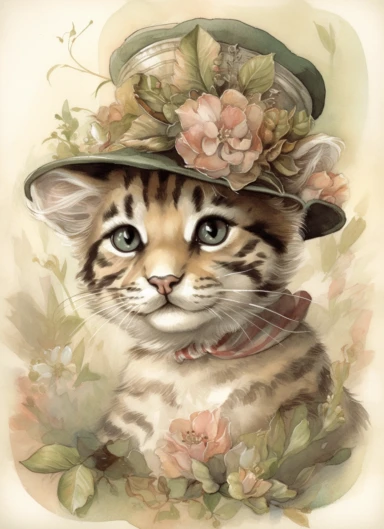 a cute baby tiger in a field with a Victorian ladies hat, in the style of jody bergsma, 32k uhd, hand-painted details, charming character illustrations, dark brown and light beige,pink/green, aquarellist, hd , white background clipart