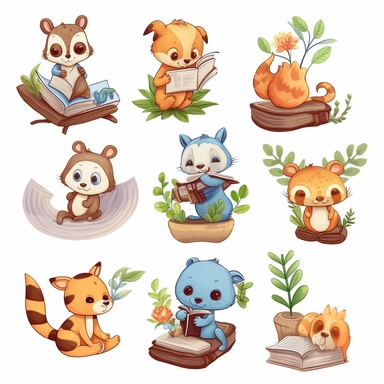 Create a set of clipart featuring cute animals engaged in various activities like reading a book, playing with a ball, gardening, or cooking. These versatile and adorable animal illustrations can be used in various educational materials, children's books, or crafting projects.