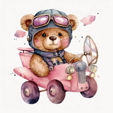 watercolor clipart cute happy teddy bear wearing pilot glasses on driving pink plane, white background