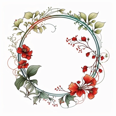 circle Botanical Frame, red flowers, white background, clipart, art nouveau
