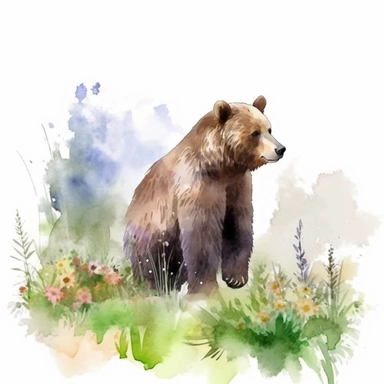 detailed watercolor clipart, photography style, beautiful bear, in a meadow, HDR, spring floral,self shadow, white background