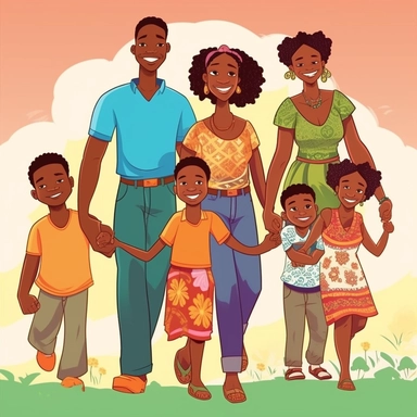 Dive into a world of color and happiness with this vibrant clipart featuring a delightful black family. This illustration captures the essence of love, togetherness, and cultural as it portrays a beautiful family unit. The man, exuding strength and charm, stands tall next to the woman, radiating grace and confidence. Their children, filled with joy and curiosity, complete this picture of warmth and unity. Adorned in a myriad of eye-catching colors, representing the rich tapestry of their heritag