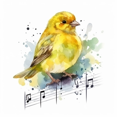 Happy yellow canary with a musical note, watercolor, clipart, on isolated on white background.
