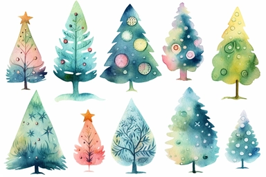 cute christmas trees vector illustration art and vector clipart set, in the style of soft watercolors, whimsical and imaginative, cranberrycore, rtx on, layered textures, shapes, chinese watercolor, opulent ornaments
