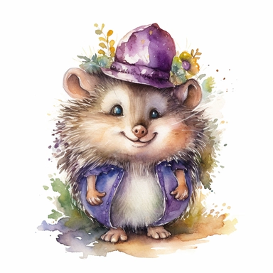a moving hedgehog dressed up, dressed up, happy smiling face, cute animal, adorable, playful atitude, adorable watercolor animal clipart, no background, high quality and very sharp image with clear focus