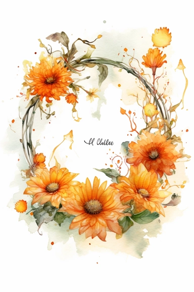 Halloween clipart, marigold Delicate watercolor illustration, White background, Cozy, clear picture, 8k, hd, isolatee on a white background, Wreath, Frame Clip Art