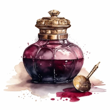 watercolor, hyper realistic, no background, have margins, 8k, ultra detailed clipart, no text, no logo, no trademark a victorian-style inkwell and a quill pen, burgundy