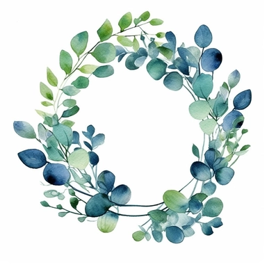 circle of watercolor eucalyptus branch clipart, in the style of border art, green with blue accents, white background