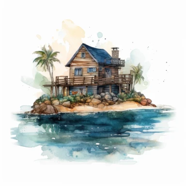 a watercolor of a tiny island in the middle of the ocean, there is a modern beach house with wooden cottage clipart, white background