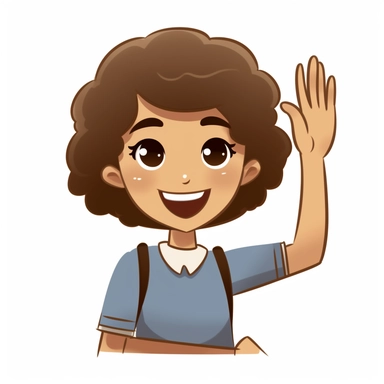 Clip art emoji of a happy dark skin 20 year old college girl giving a thmubs up and raising other hand to volunteer. White background, sparse colors, simple illustrations