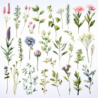 delicate botanical wildflower stems, tiny buds, fresh herbs and foliage bring to mind summer and captivate the beauty of nature, arranged individually, watercolor painted with soft subtle colors with clean lines and edges for clipart on white background