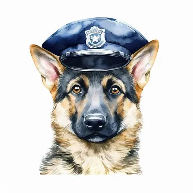 watercolor clipart, vey cute happy german shepherd, in style police officer, Police Badge, Police Uniform, Duty Belt, police Hat or Cap, hyper detailed, bright colors, 300 dpi, 8k, white background, high solution, no watermark