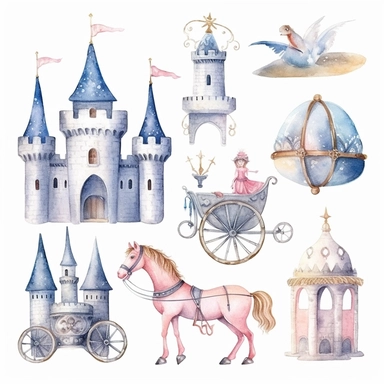 watercolor illustration clipart set castle, princess, cinderella carriage, tiara, unicorn, hd realistic, no background