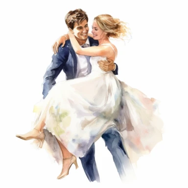 cheerful GROOM, carrying his bride over the threshold, a symbol of their new life together, watercolor, Pixar style, Clipart on a white background