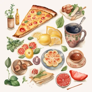 italian food, storybook illustrations style, watercolor, cliparts