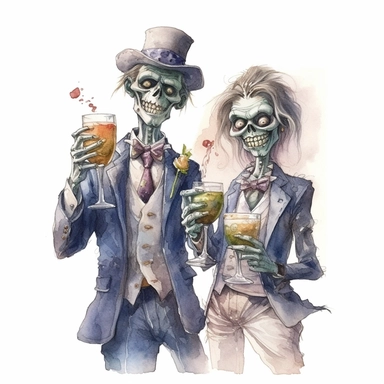 watercolor clip art of zombies dressed as business men and women at a halloween party drinking goolish cocktails, style jean baptiste monge