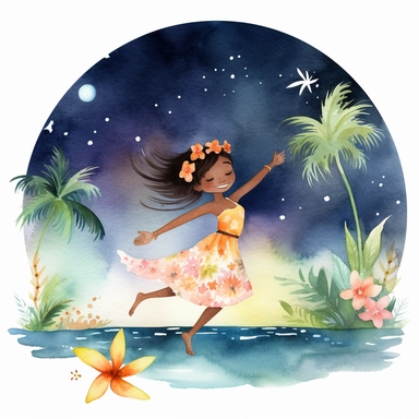 watercolour, tropical island setting, showcase an adorable little polynesian hula girl (aged 8) she is dancing under the moonlight on the beach with full moon and twinkling stars above, she is happy, she has tropical beautiful flowers in her hair, the feeling is magical, clipart style