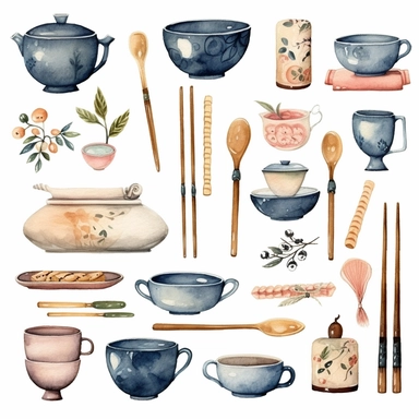 Watercolor 반찬, illustrations clipart set, simple, soft colors, cartoon elements, different variants,, porcelain elements, chopsticks , separate elements with a margin