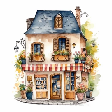 Very very cute and Whimsical quirky houses, France, Paris, colorful, Latin Quarter, Bohemian Quarter, Flowers, River Seine, coffe shops, Watercolored illustration in the style of Michael Powell, clipart, white background