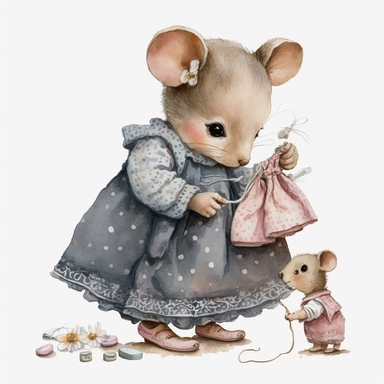 clipart watercolor realistic cute little mouse is playing with dolls and is dressed like a girl