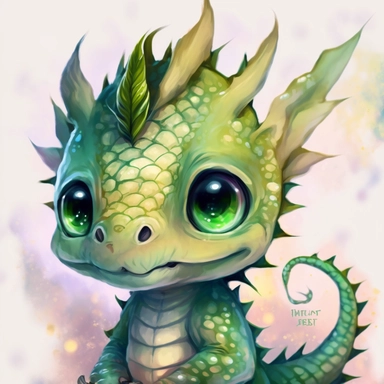 a watercolor painting of a Tiny cute adorable baby dragon looking directly into the camera and slightly smiling, dragon has little braid of hair in the centre, green color, watercolor painted effect skin, intricate details, glass eyes, skip has watercolor painting effect, soft cinematic lighting, 8k, portrait, Pixar style character, pokemon anime style octane render, upper body only, inspired by Hanns Katz, logo, pastel colors, liquid cooled, 70's, clipart, chill out, retro, full body, white bac