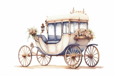 watercolor drawing of wedding coach clipart, in style of Michiel van Huysum, subtle faded color variations, light academia, hd clipart, on white background, spaced out