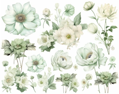 mint green pastel vector clipart flowers, in the style of dark white and light emerald, victorian-inspired illustrations, detailed botanical studies, nick alm, jeannette guichard-bunel, sterling silver highlights, hand-painted details