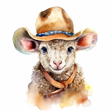 baby sheep wearing a cowboy hat, clip art, watercolor