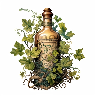 Vintage alcohol bottle with vines wrapped around, illustration clipart, high detailed, white background, digital art