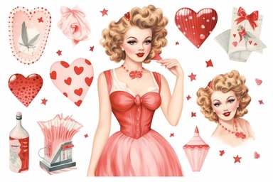1950s Pin up girl valentines day watercolor clipart