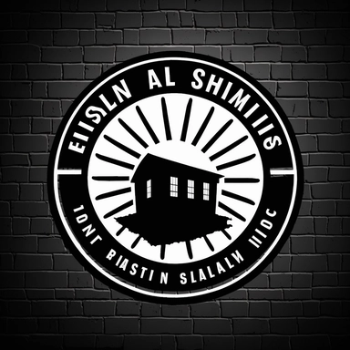 very simple logo, a sun casting a shadow on a small brick building, black and white, corporate clipart style logo