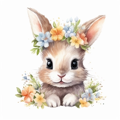 watercolor style, cute baby rabbit, smile, wear flower crown, white background, pixar style details Sublimation Clipart,hyper realistic, intricate detail, illustration style, isolated on white background for removing background