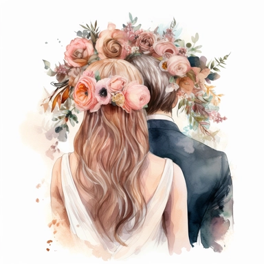 watercolor the middle of the couple New with arms around in the park back view Bridal veil with Roses flowers and leaves adorning her hair. hair up with flowers vividly bold designs png realistic cartoon in 32K UHD cute. 15 cm thick outline. Black color. There was no shadow on the ground. 8k with realistic watercolors. and detailed illustrations. PNG clipart, transparent white background