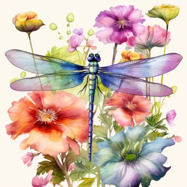 artwork in the style of cicely mary barker, clipart, whimsical watercolour illustration of a cute dragonfly and flowers, very colourful, watercolor clipart, book cover illustration, hyper HD