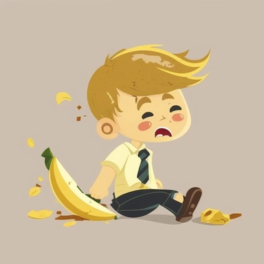 boy in school uniform slipped on to a banana peel, accident, hurt, clipart, cartoon