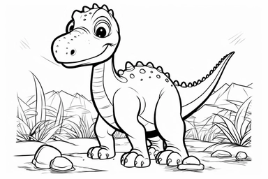 very simple and young colouring in activity sheet for pre-schoolers, black and white, outline lines only, allow areas for clouring in, clipart of Diplodocus dinosaur style of pixar animation